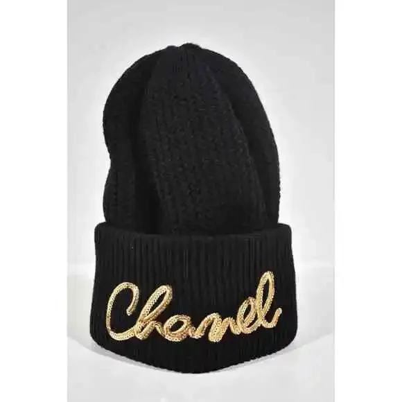 Chanel 22A Cashmere Black Gold Sequin CC Logo Beanie Winter Hat Cap Cloche - Picture 5 of 12